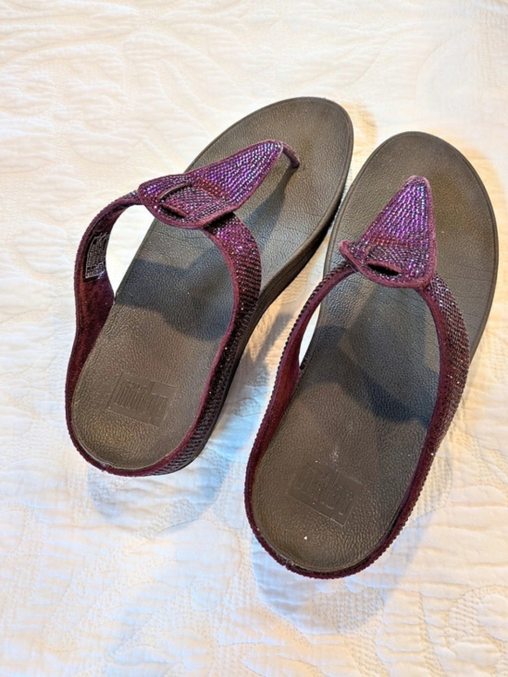 FitFlop Lulu Crystal Embellished Toe-Post Sandals Purple & Black US 9